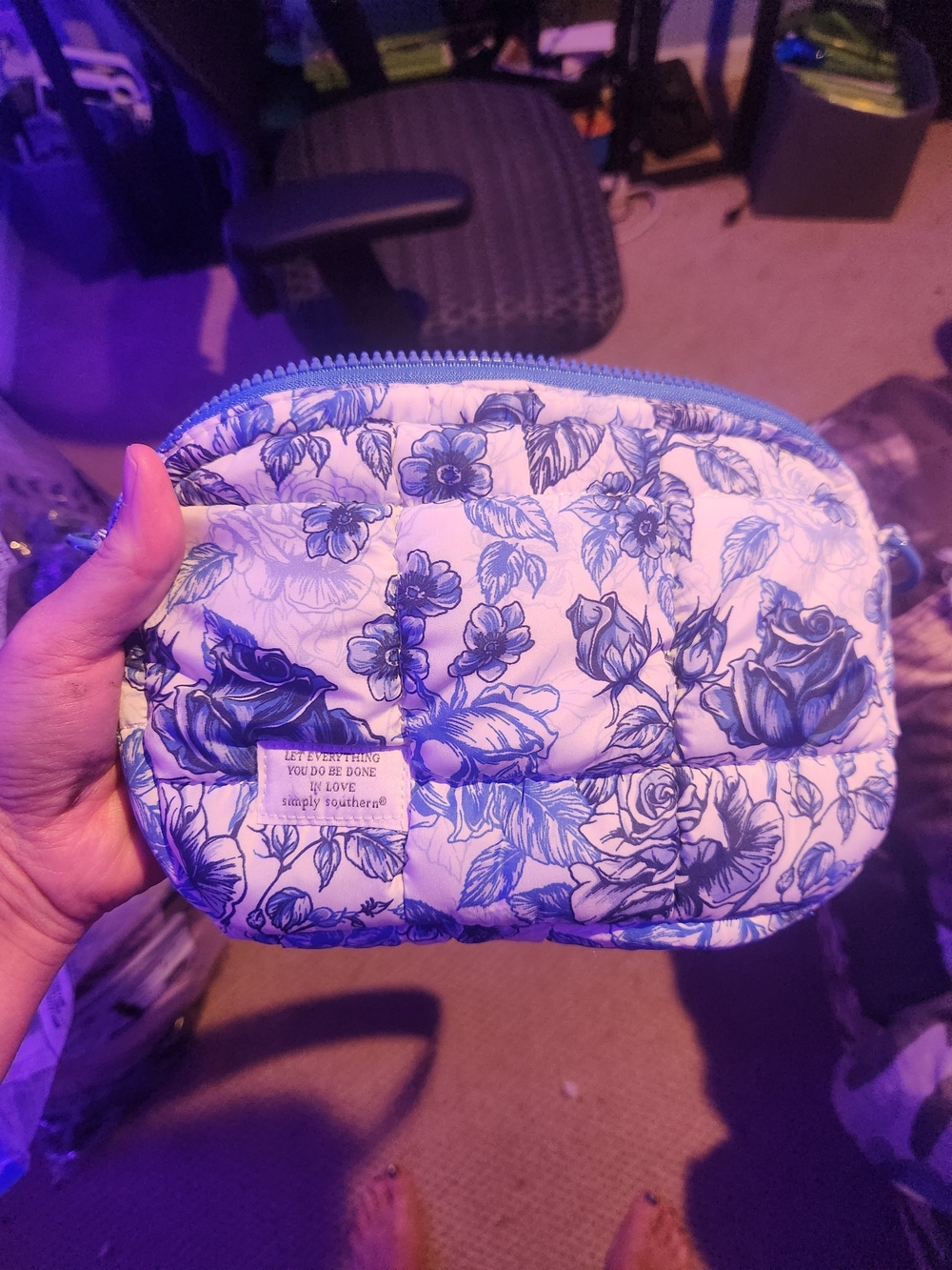 Simply Southern White and Blue Floral Quilted Crossbody Bag